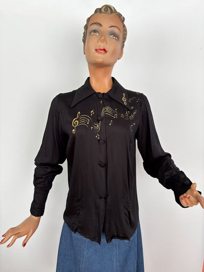 1940s Style Black Rayon Blouse Hand Painted With Gold Musical Notes | M