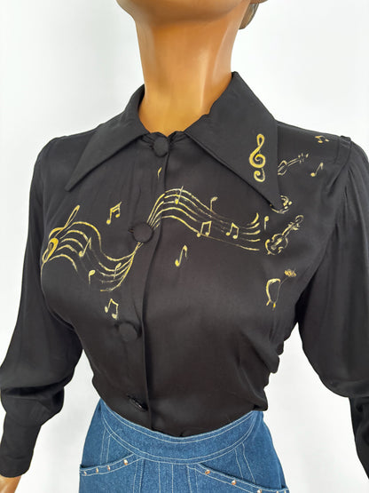 1940s Style Black Rayon Blouse Hand Painted With Gold Musical Notes | M
