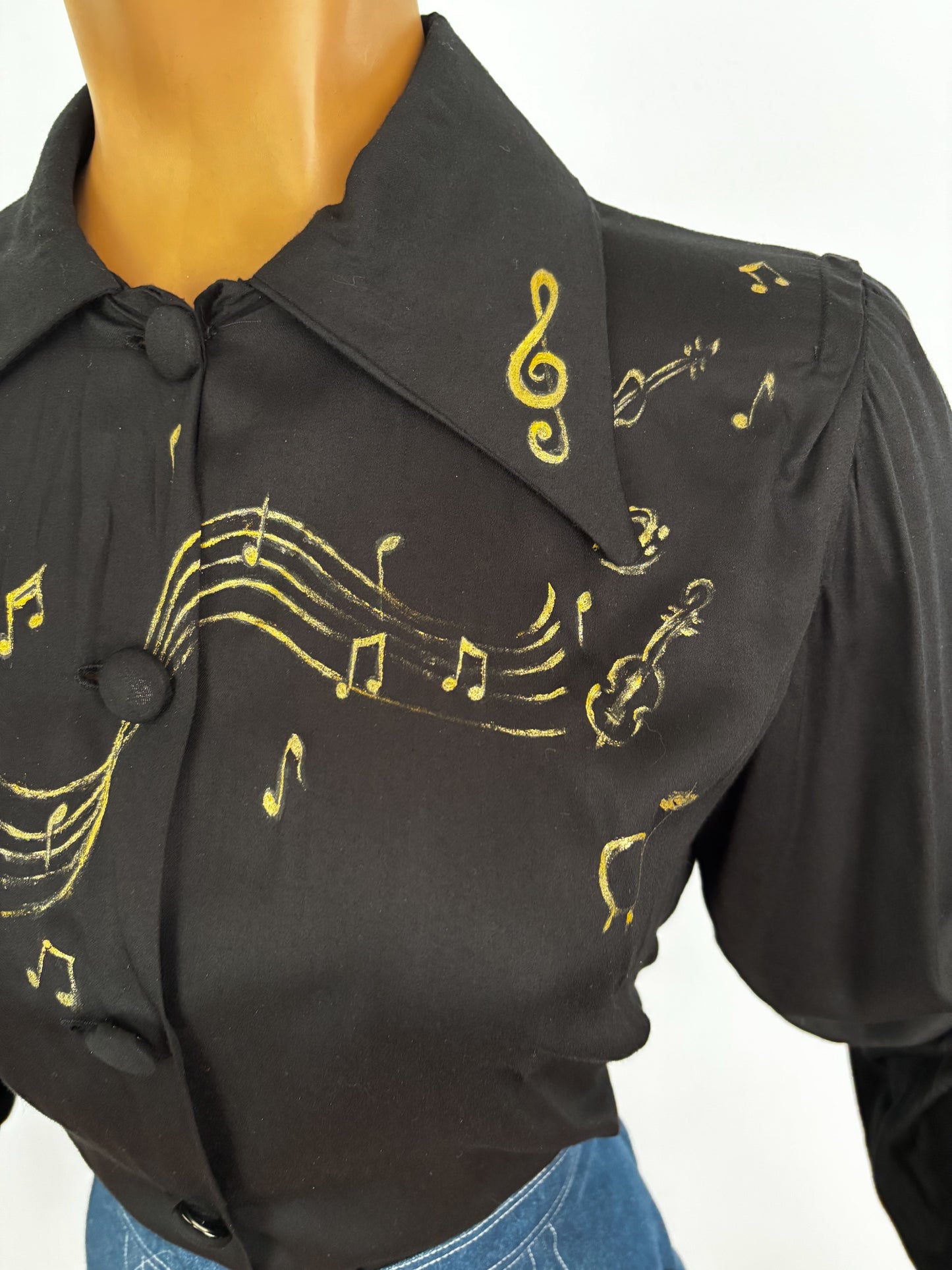 1940s Style Black Rayon Blouse Hand Painted With Gold Musical Notes | M