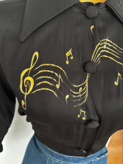 1940s Style Black Rayon Blouse Hand Painted With Gold Musical Notes | M