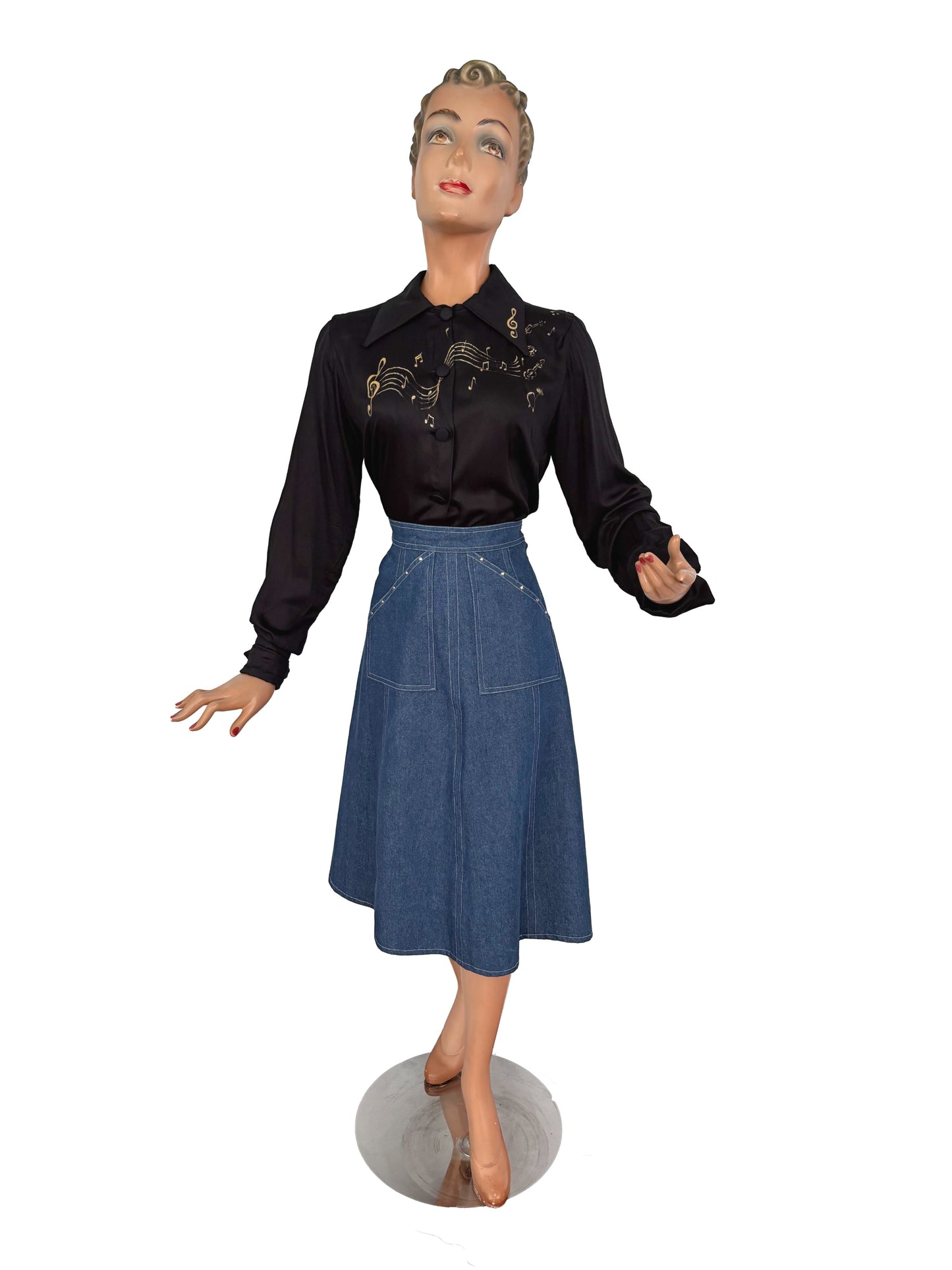1940s Style Black Rayon Blouse Hand Painted With Gold Musical Notes | M