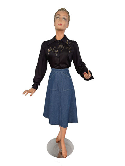 1940s Style Black Rayon Blouse Hand Painted With Gold Musical Notes | M