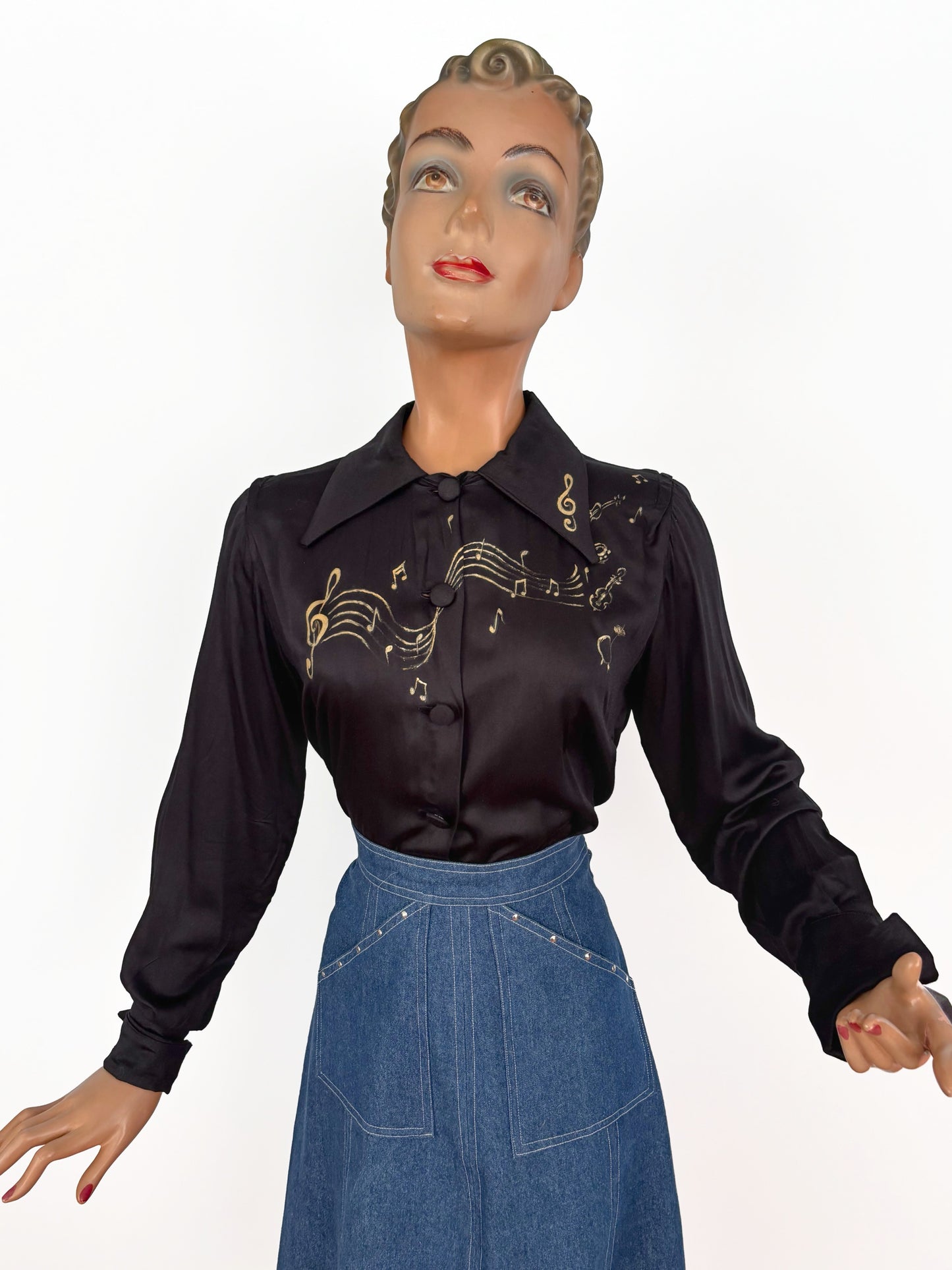 1940s Style Black Rayon Blouse Hand Painted With Gold Musical Notes | M
