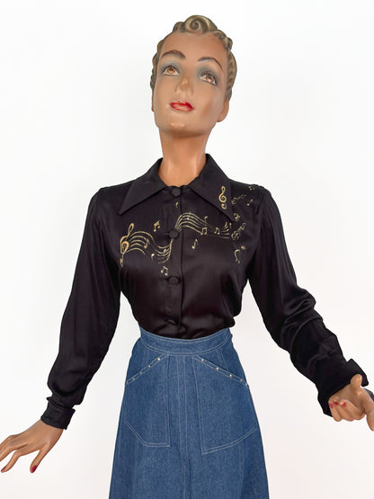 1940s Style Black Rayon Blouse Hand Painted With Gold Musical Notes | M