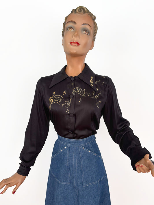 1940s Style Black Rayon Blouse Hand Painted With Gold Musical Notes | M
