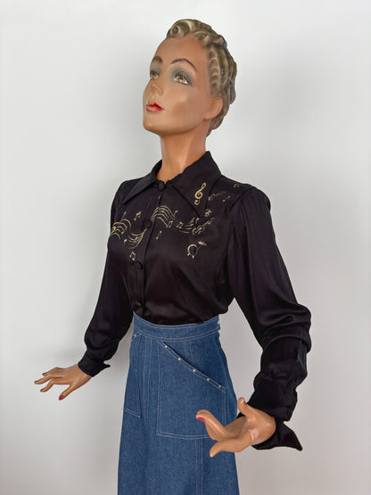 1940s Style Black Rayon Blouse Hand Painted With Gold Musical Notes | M