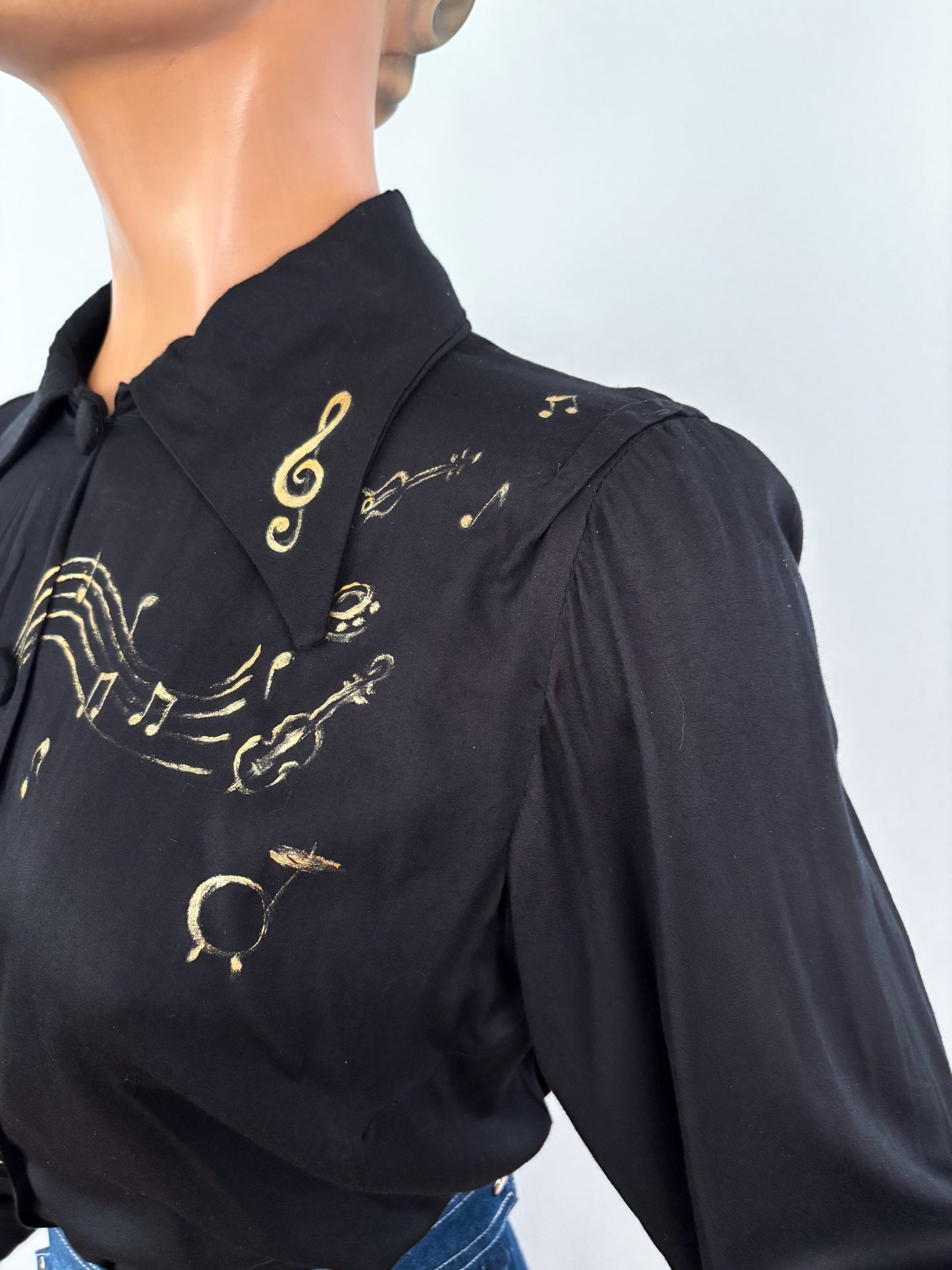 1940s Style Black Rayon Blouse Hand Painted With Gold Musical Notes | M