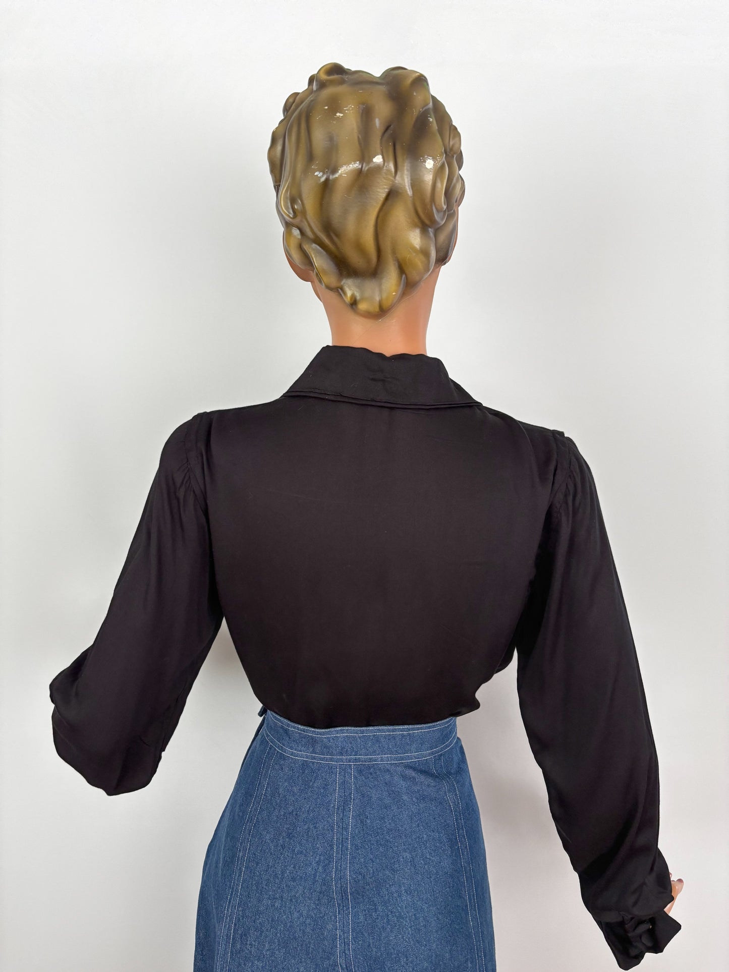 1940s Style Black Rayon Blouse Hand Painted With Gold Musical Notes | M