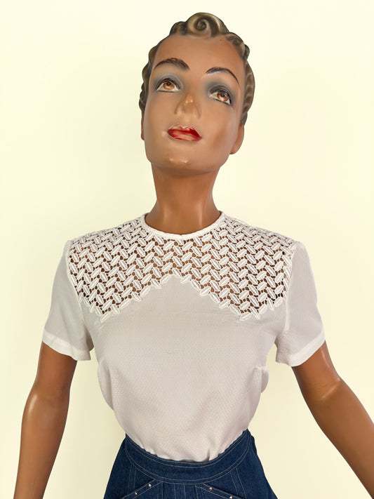 1960s Off White Openwork Yoke Top | M/L