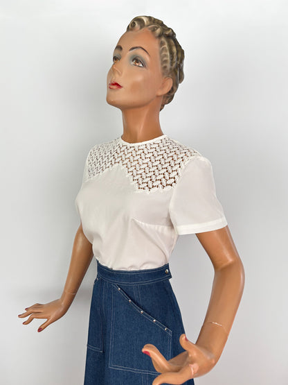 1960s Off White Openwork Yoke Top | M/L
