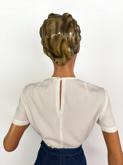 1960s Off White Openwork Yoke Top | M/L