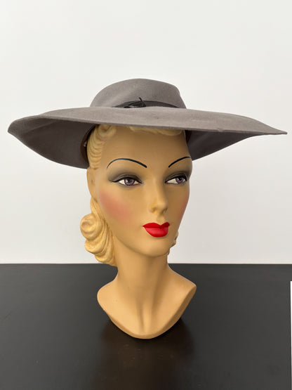 1940s/50s Valensy Grey Wide Brim Felt Picture Hat
