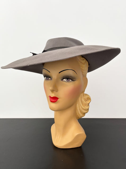 1940s/50s Valensy Grey Wide Brim Felt Picture Hat