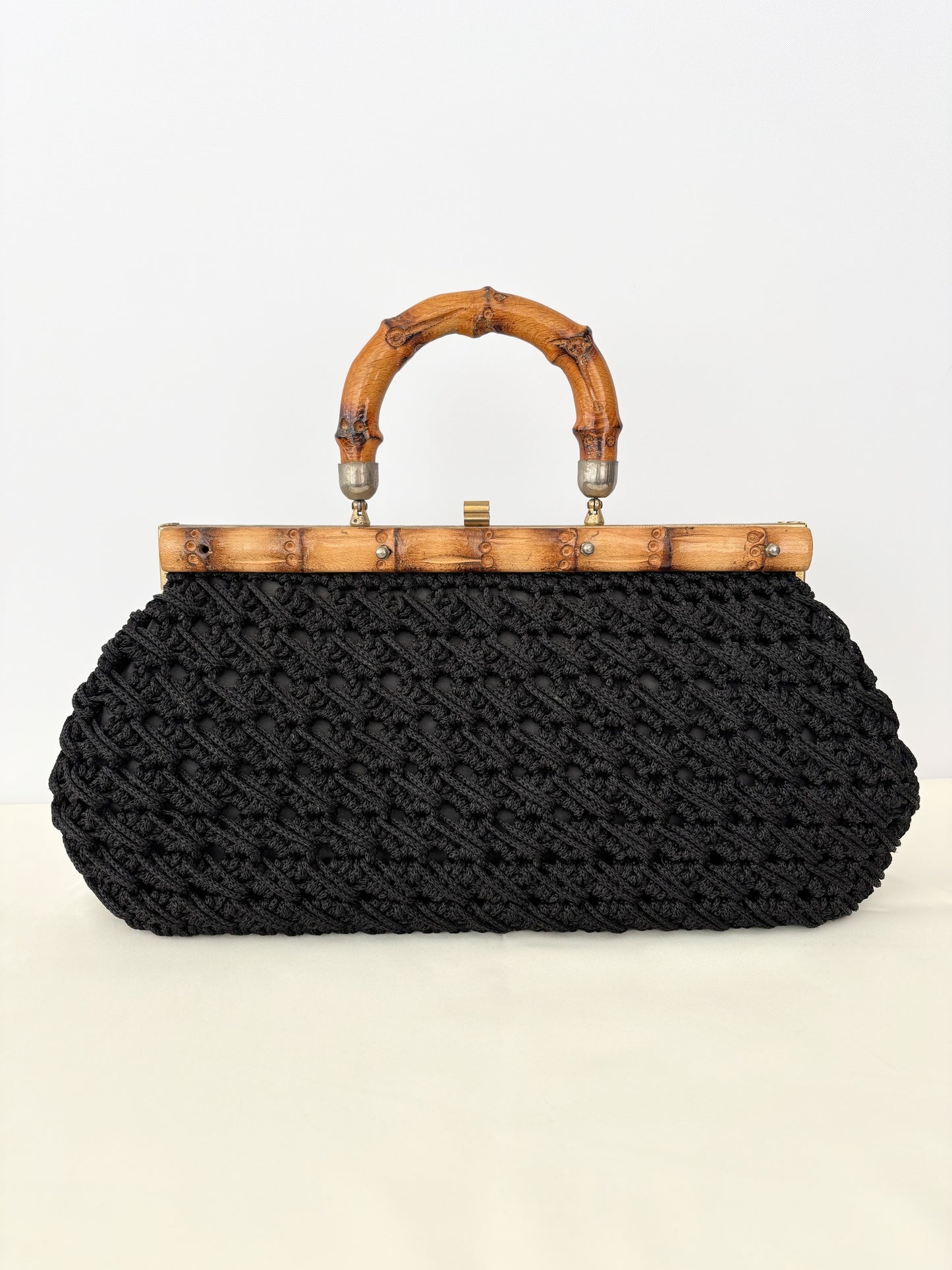 1950s/60s Black Macrame Bamboo Handle Bag