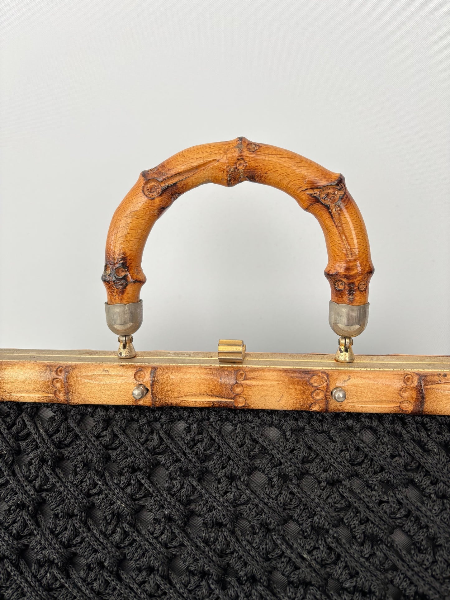 1950s/60s Black Macrame Bamboo Handle Bag