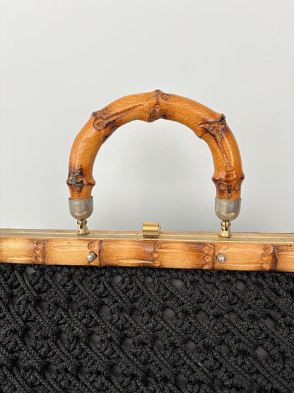 1950s/60s Black Macrame Bamboo Handle Bag