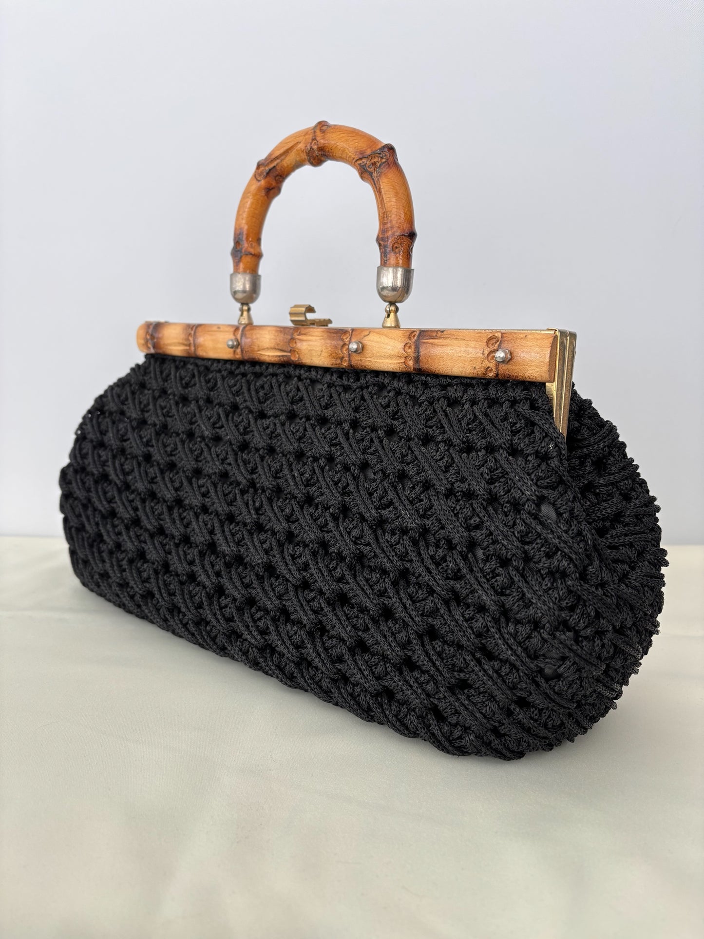 1950s/60s Black Macrame Bamboo Handle Bag