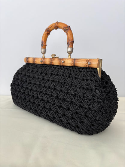 1950s/60s Black Macrame Bamboo Handle Bag