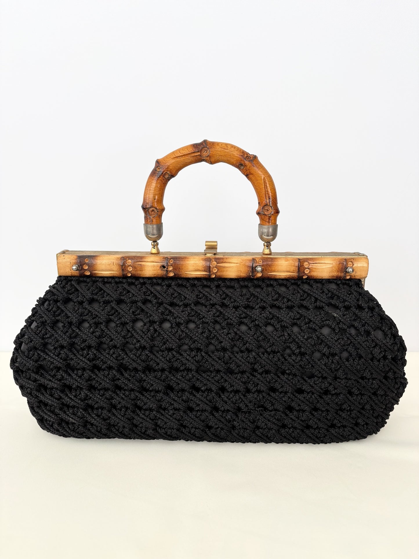1950s/60s Black Macrame Bamboo Handle Bag