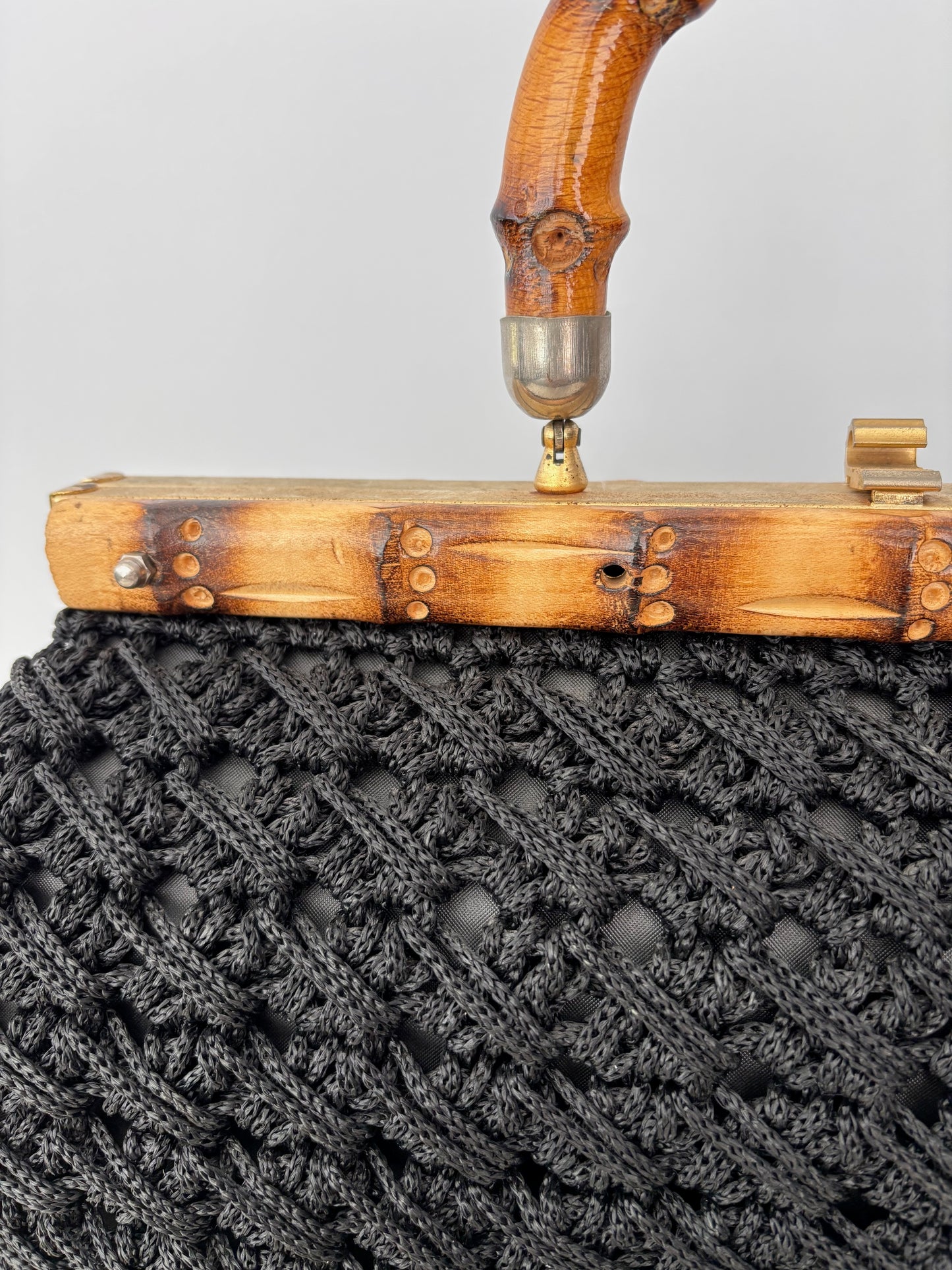 1950s/60s Black Macrame Bamboo Handle Bag