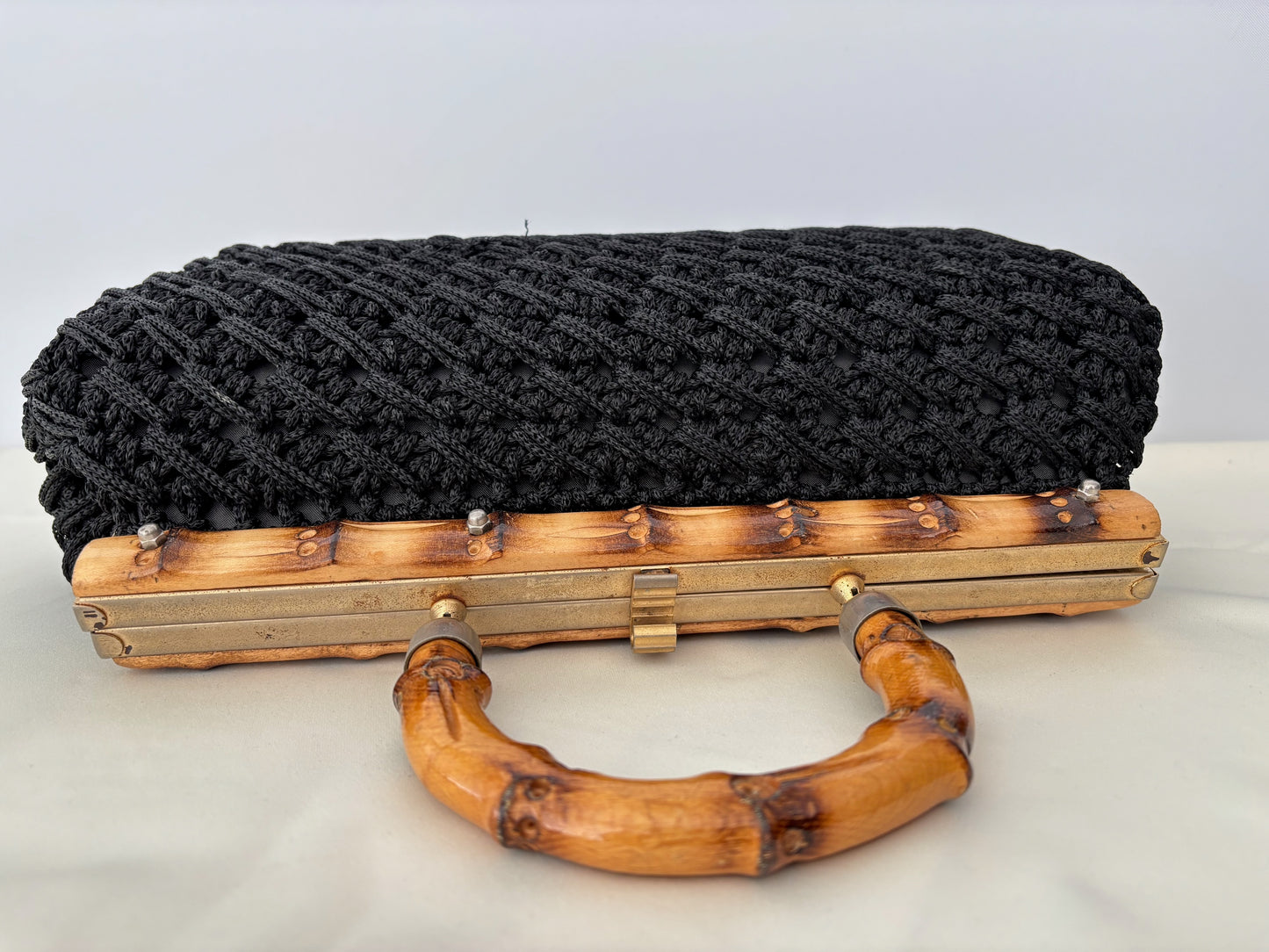 1950s/60s Black Macrame Bamboo Handle Bag