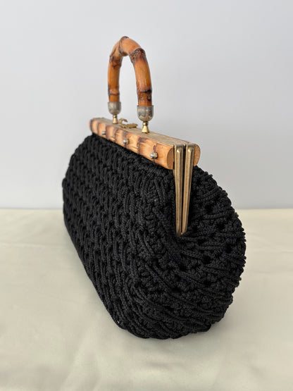 1950s/60s Black Macrame Bamboo Handle Bag