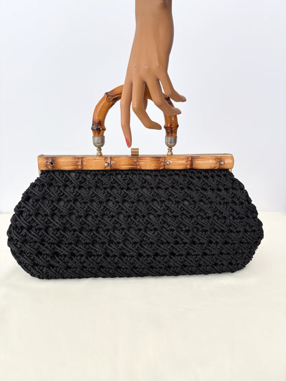 1950s/60s Black Macrame Bamboo Handle Bag