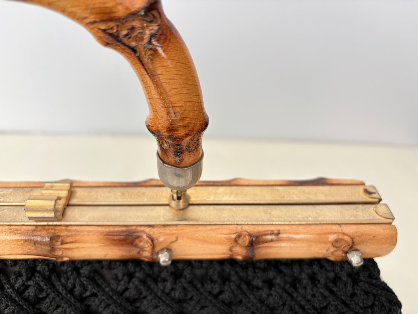 1950s/60s Black Macrame Bamboo Handle Bag