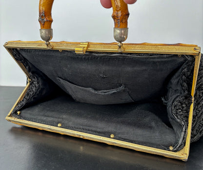 1950s/60s Black Macrame Bamboo Handle Bag