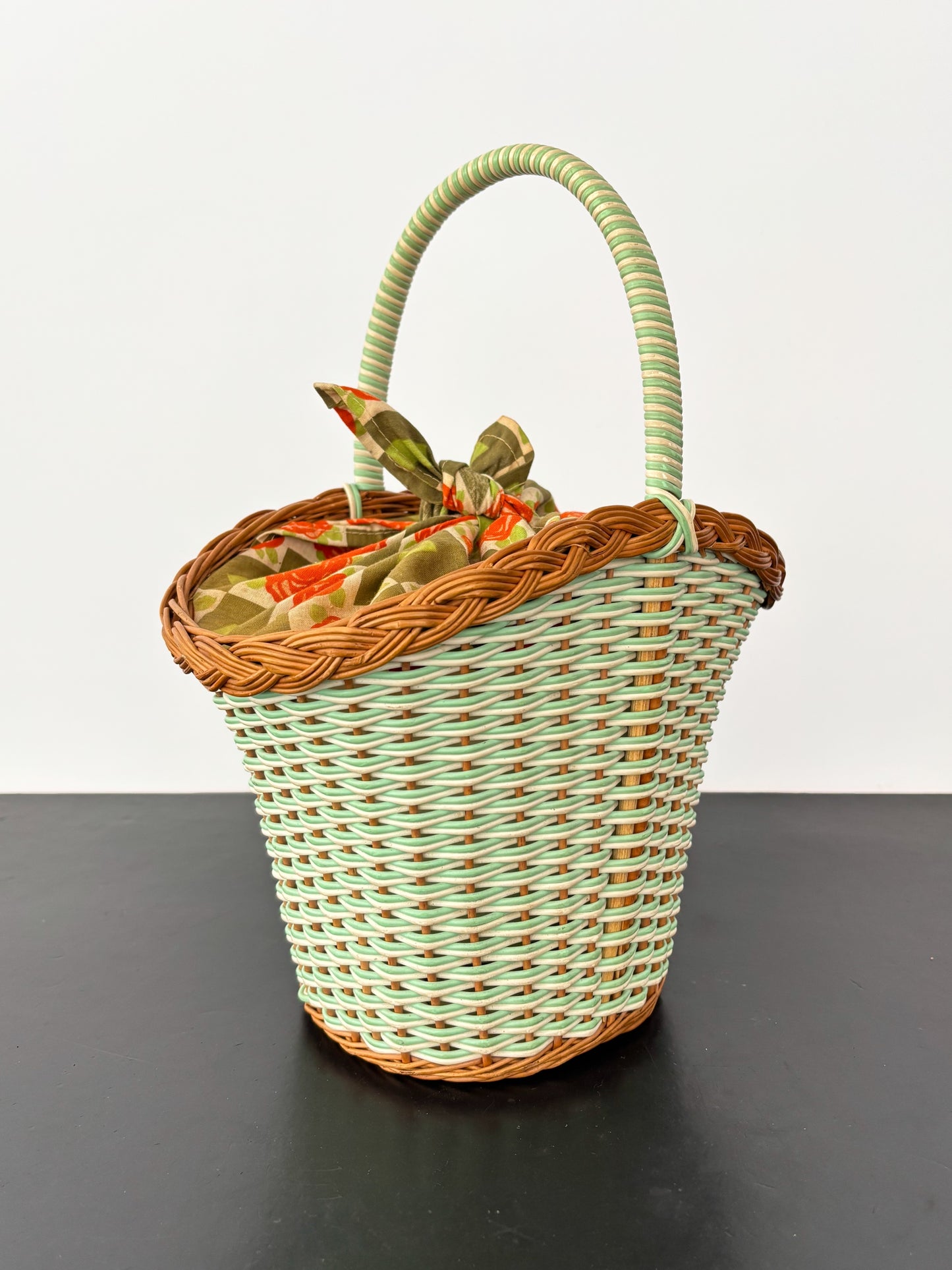 1960s Mint Wicker Basket Bag With Tie-Top