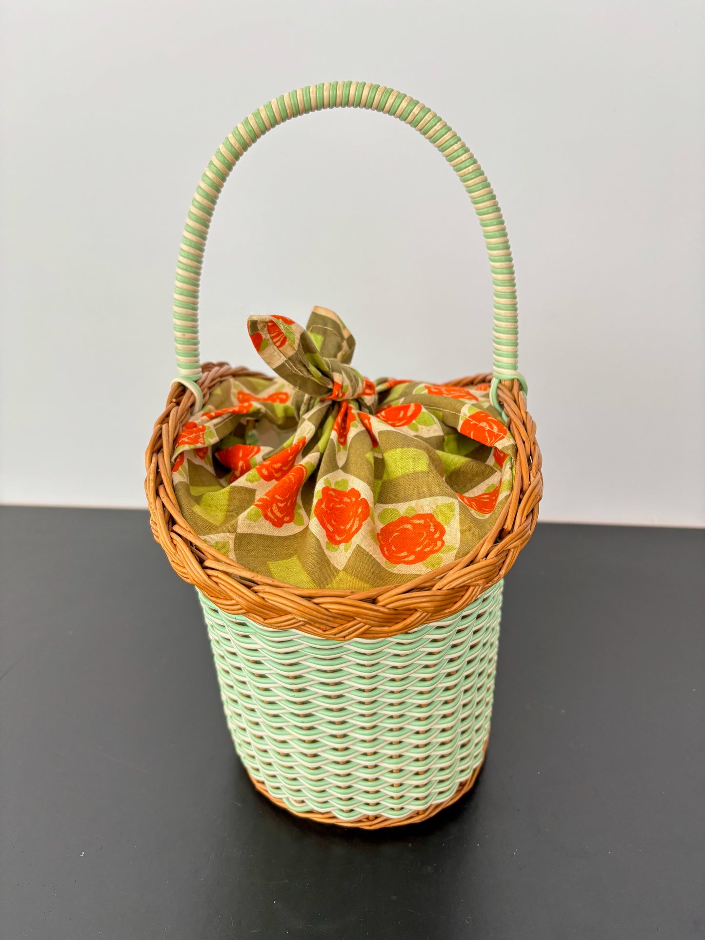 1960s Mint Wicker Basket Bag With Tie-Top