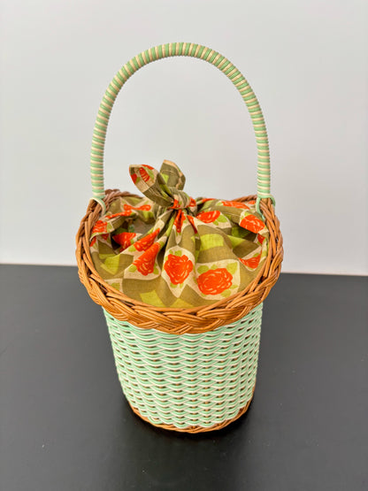 1960s Mint Wicker Basket Bag With Tie-Top