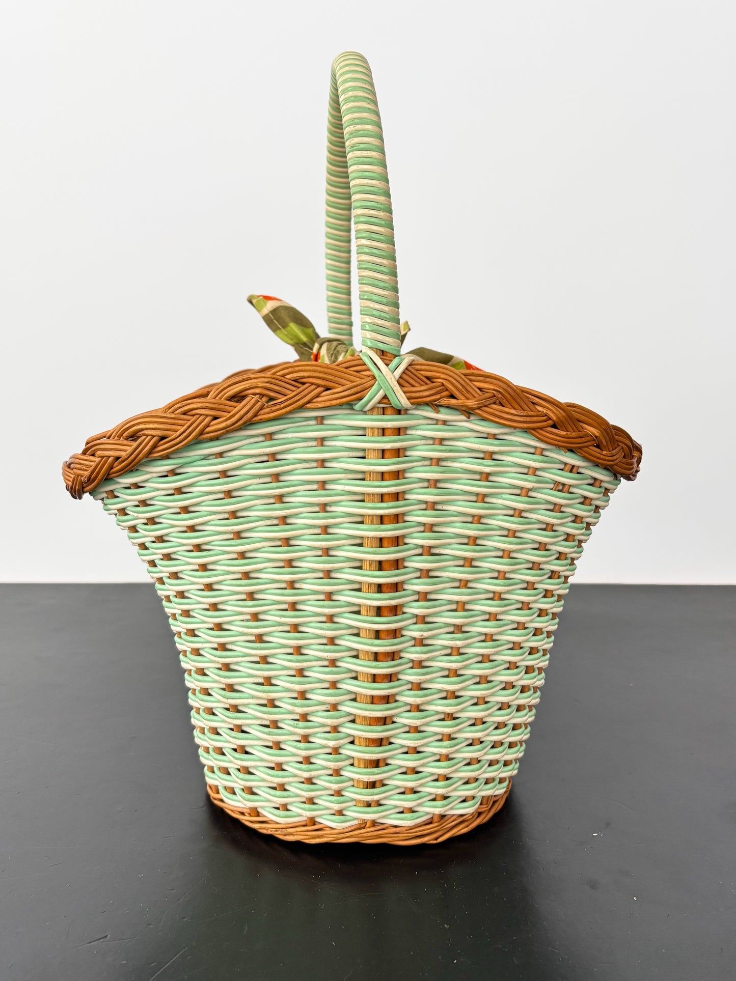 1960s Mint Wicker Basket Bag With Tie-Top