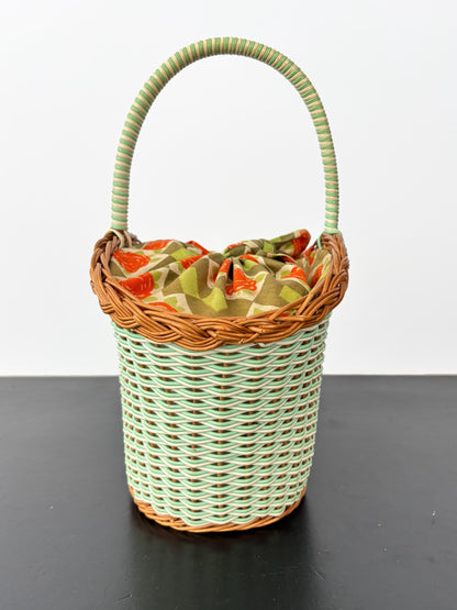 1960s Mint Wicker Basket Bag With Tie-Top