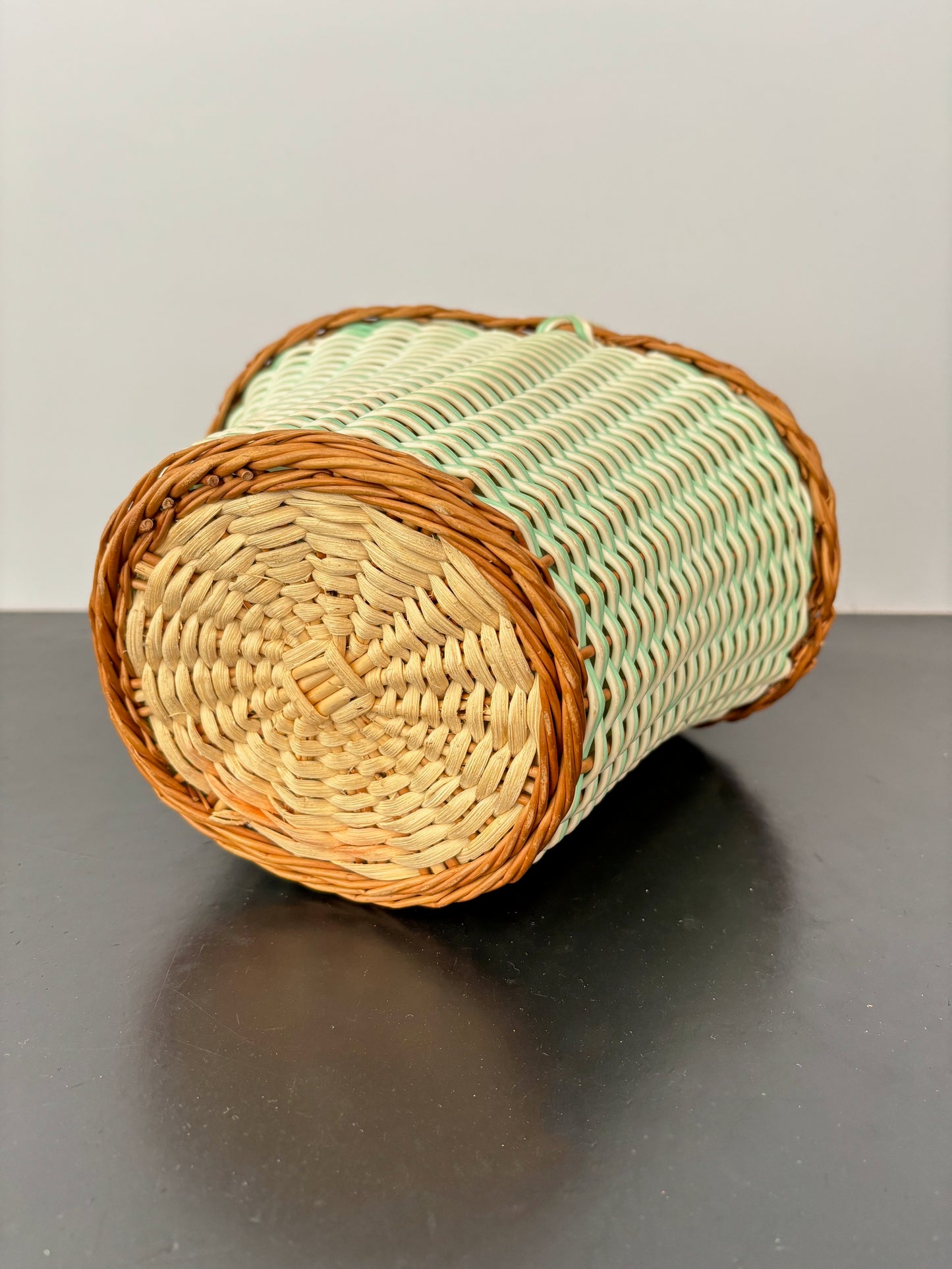 1960s Mint Wicker Basket Bag With Tie-Top