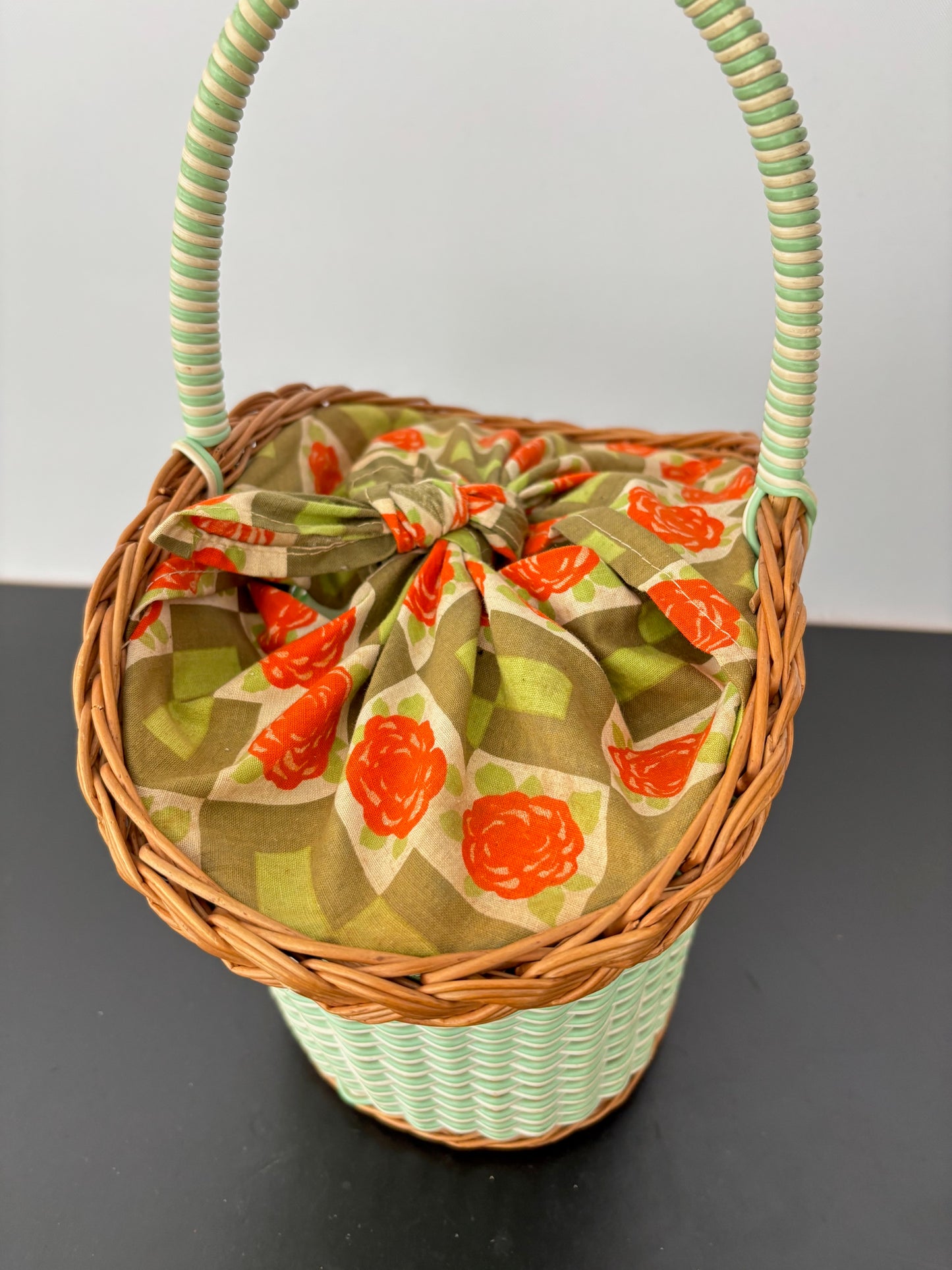 1960s Mint Wicker Basket Bag With Tie-Top