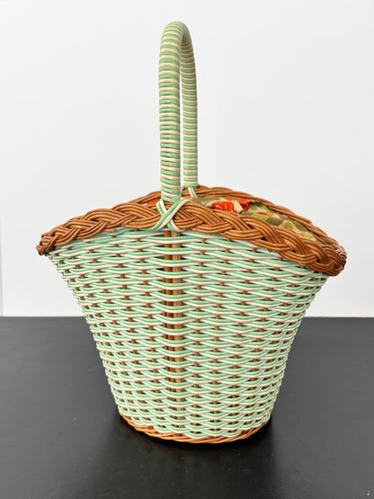 1960s Mint Wicker Basket Bag With Tie-Top