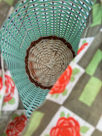 1960s Mint Wicker Basket Bag With Tie-Top