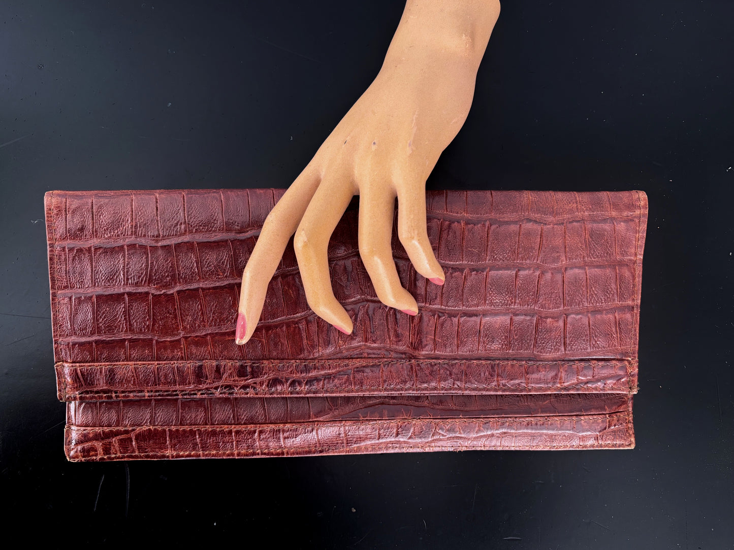 1940s/50s Brown Croc Embossed Leather Envelope Clutch