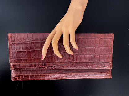 1940s/50s Brown Croc Embossed Leather Envelope Clutch