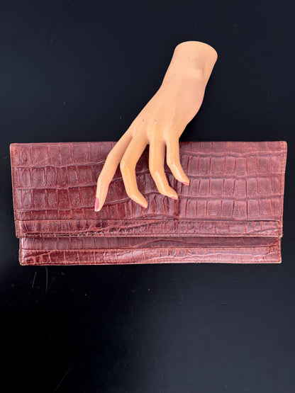 1940s/50s Brown Croc Embossed Leather Envelope Clutch