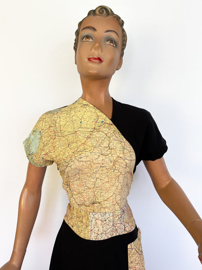 1940s Style Black Crepe Dress with Original WWII Escape Map Fabric | Small