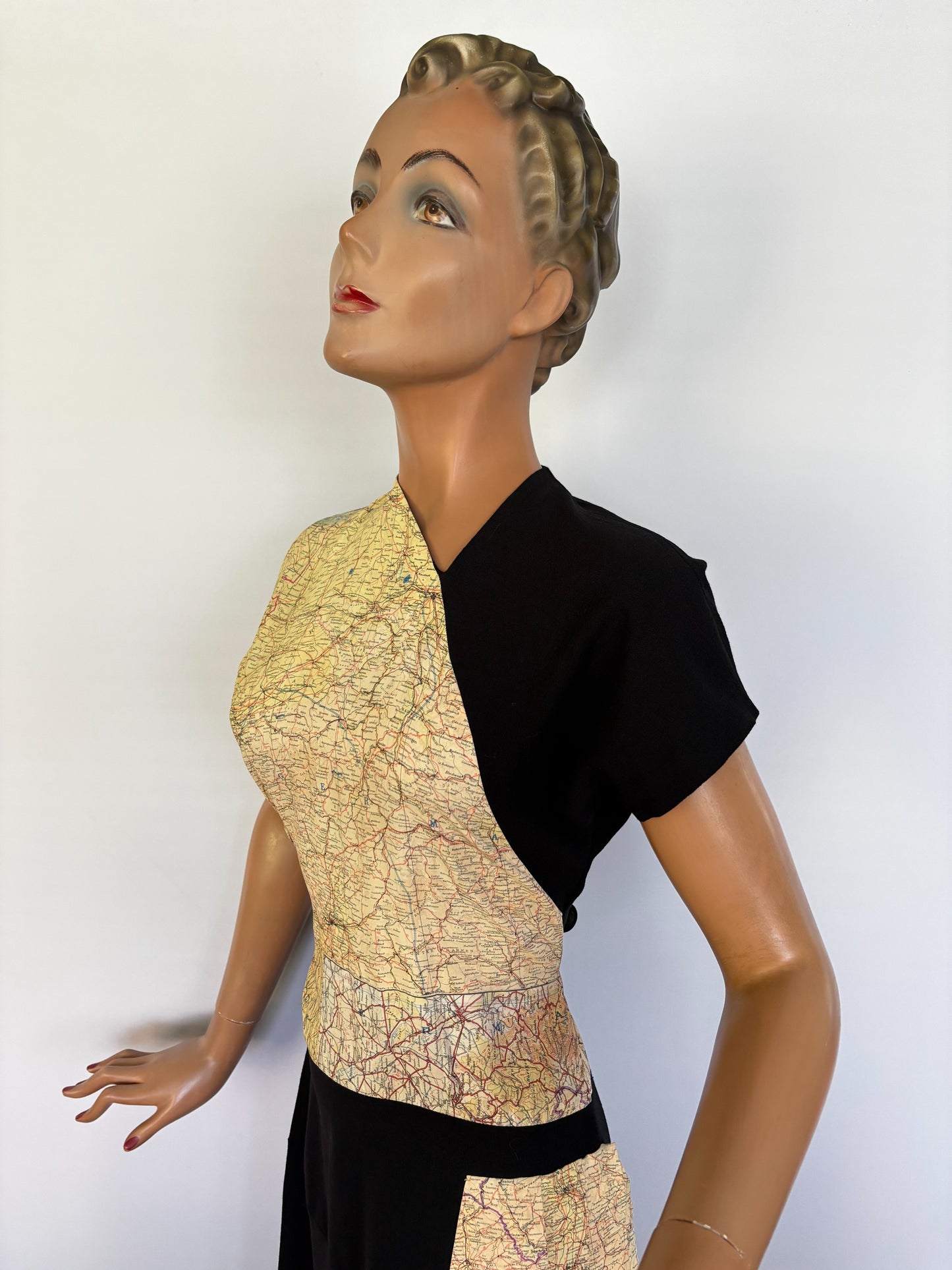 1940s Style Black Crepe Dress with Original WWII Escape Map Fabric | Small