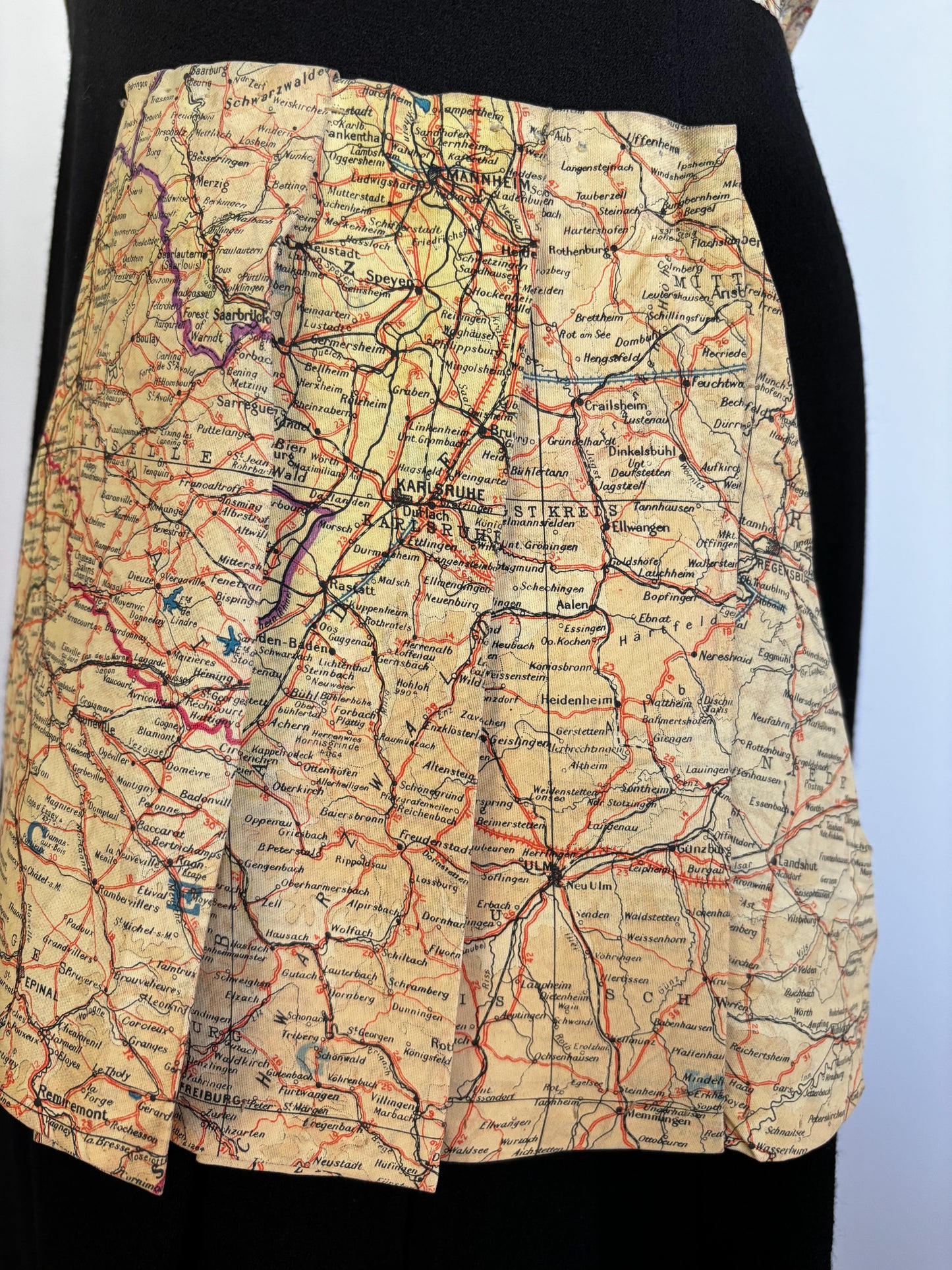 1940s Style Black Crepe Dress with Original WWII Escape Map Fabric | Small