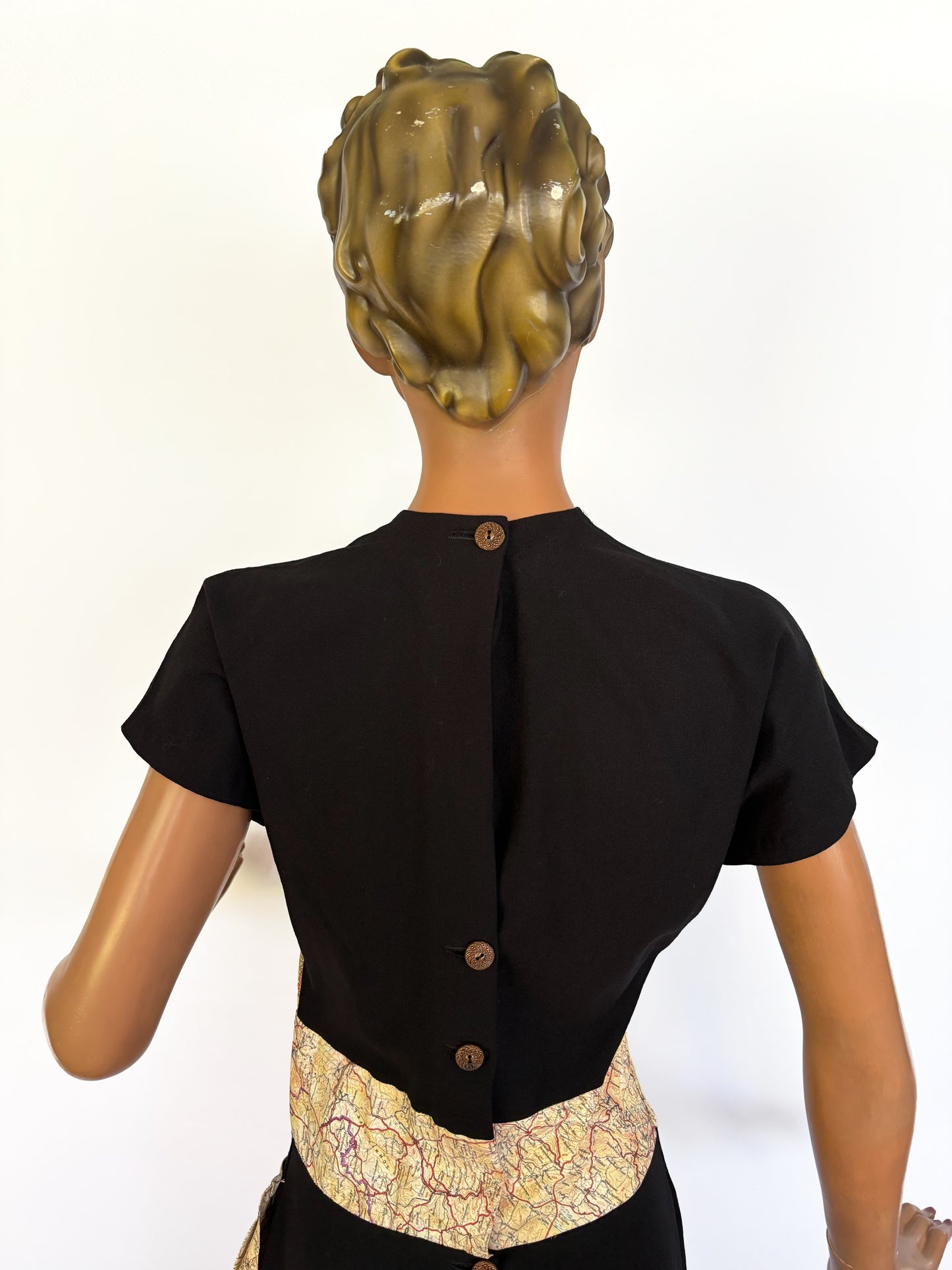 1940s Style Black Crepe Dress with Original WWII Escape Map Fabric | Small