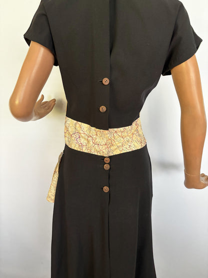 1940s Style Black Crepe Dress with Original WWII Escape Map Fabric | Small