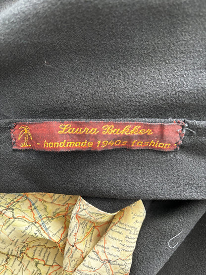 1940s Style Black Crepe Dress with Original WWII Escape Map Fabric | Small
