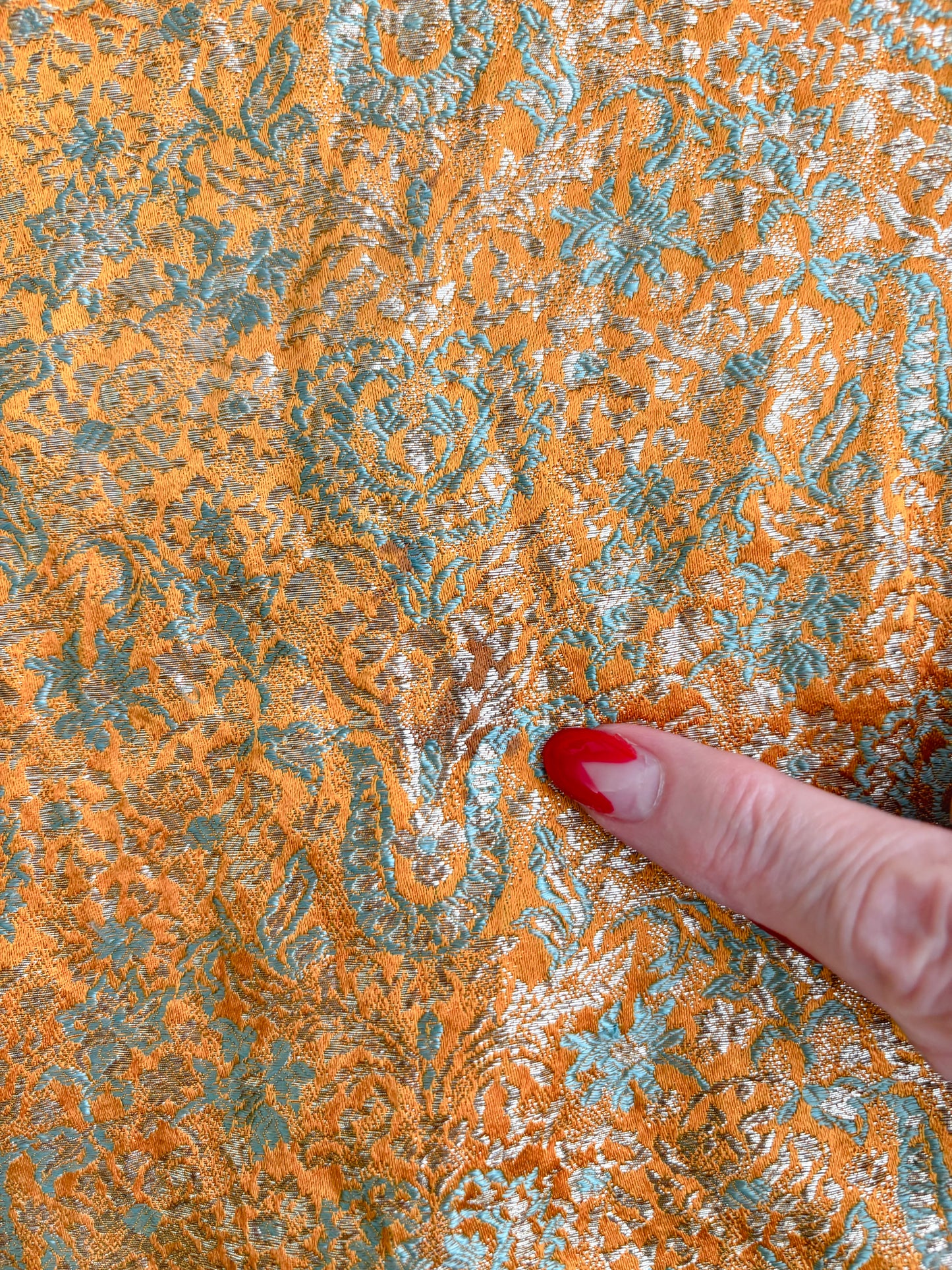 1960s Sleeveless Gold Orange Blue Brocade Top With Stand Collar | M/L