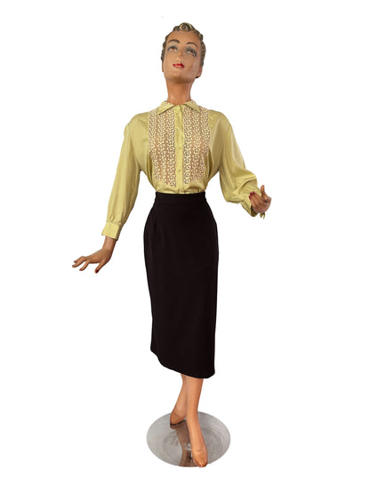 1940s 1950s Embroidered Silk Mesh Panel Blouse | XL/XXL