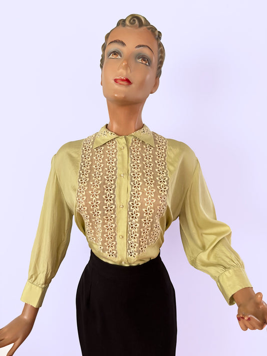1940s 1950s Embroidered Silk Mesh Panel Blouse | XL/XXL